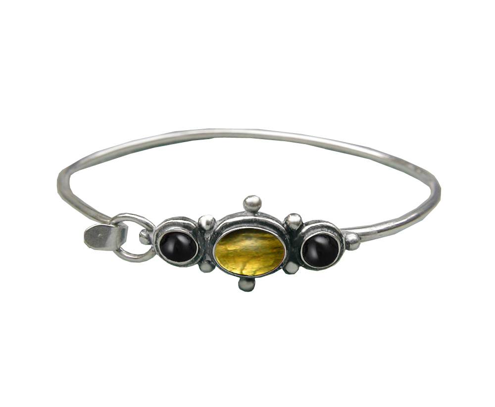 Sterling Silver Strap Latch Spring Hook Bangle Bracelet Citrine And Black Onyx